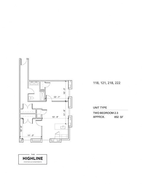 Floor plan for 2 beds, 1 bath, 850 sqft